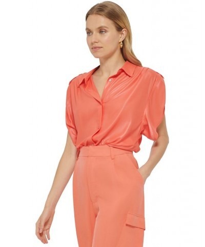 Women's Faux-Leather Button-Up Short-Sleeve Shirt Persimmon $47.96 Tops