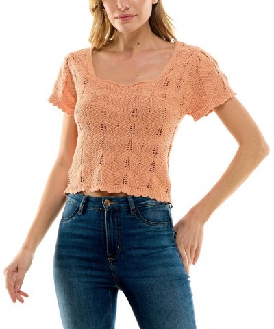 Juniors' Square-Neck Chevron Pointelle Sweater Orange $17.55 Sweaters