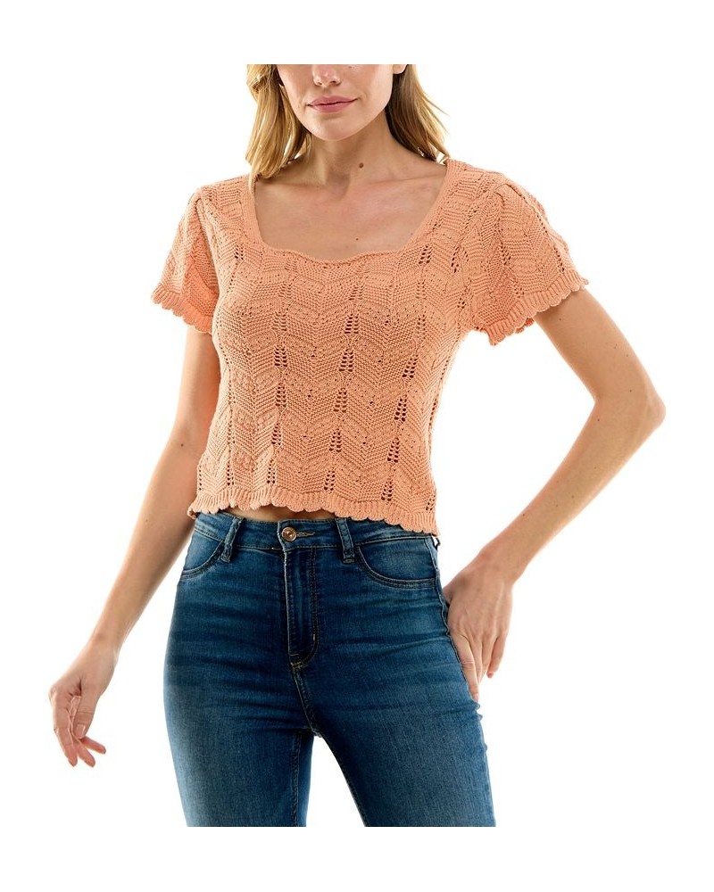 Juniors' Square-Neck Chevron Pointelle Sweater Orange $17.55 Sweaters