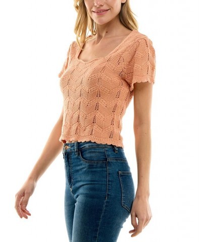 Juniors' Square-Neck Chevron Pointelle Sweater Orange $17.55 Sweaters