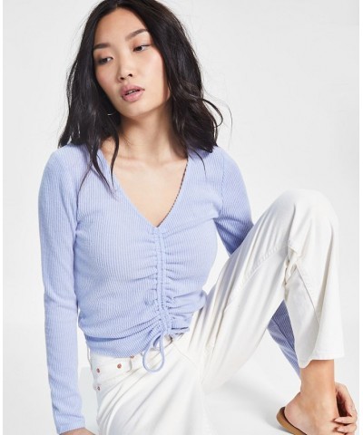 Juniors' Shirred-Front Long-Sleeve Top Blue $13.24 Tops