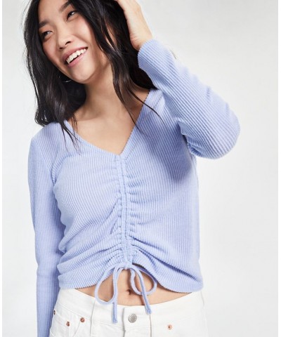 Juniors' Shirred-Front Long-Sleeve Top Blue $13.24 Tops