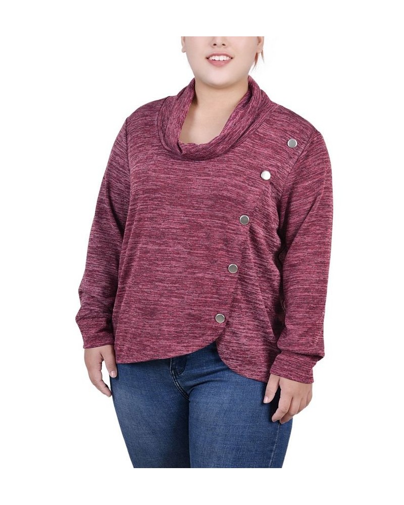 Plus Size Long Sleeve Overlapping Cowl Neck Top Maroon $13.43 Tops