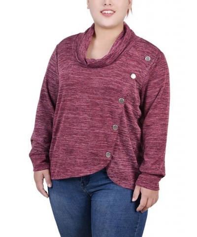 Plus Size Long Sleeve Overlapping Cowl Neck Top Maroon $13.43 Tops