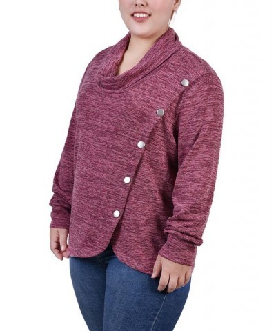 Plus Size Long Sleeve Overlapping Cowl Neck Top Maroon $13.43 Tops