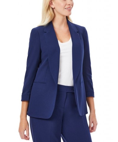 Women's Notched Collar Jacket with Rolled Sleeves Blue $28.08 Jackets