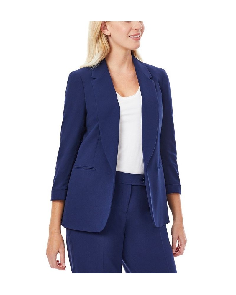 Women's Notched Collar Jacket with Rolled Sleeves Blue $28.08 Jackets