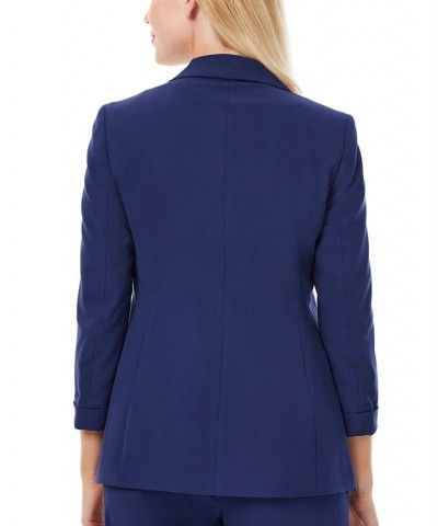 Women's Notched Collar Jacket with Rolled Sleeves Blue $28.08 Jackets