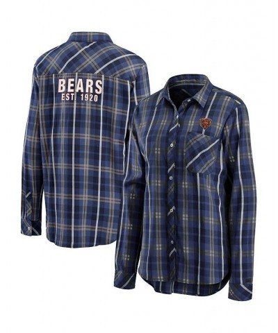 Women's Navy Chicago Bears Button-Up Plaid Long Sleeve Shirt Navy $36.80 Tops