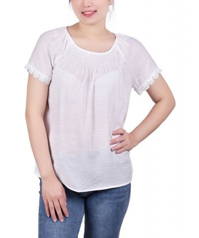 Petite Cap Sleeve Top with Smocking and Crochet Trim White $14.28 Tops