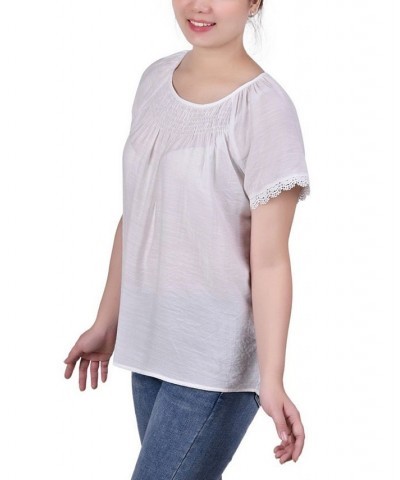 Petite Cap Sleeve Top with Smocking and Crochet Trim White $14.28 Tops