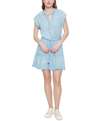 Women's Short-Sleeve Tie-Waist Mini Dress Light Blue Wash $18.64 Dresses