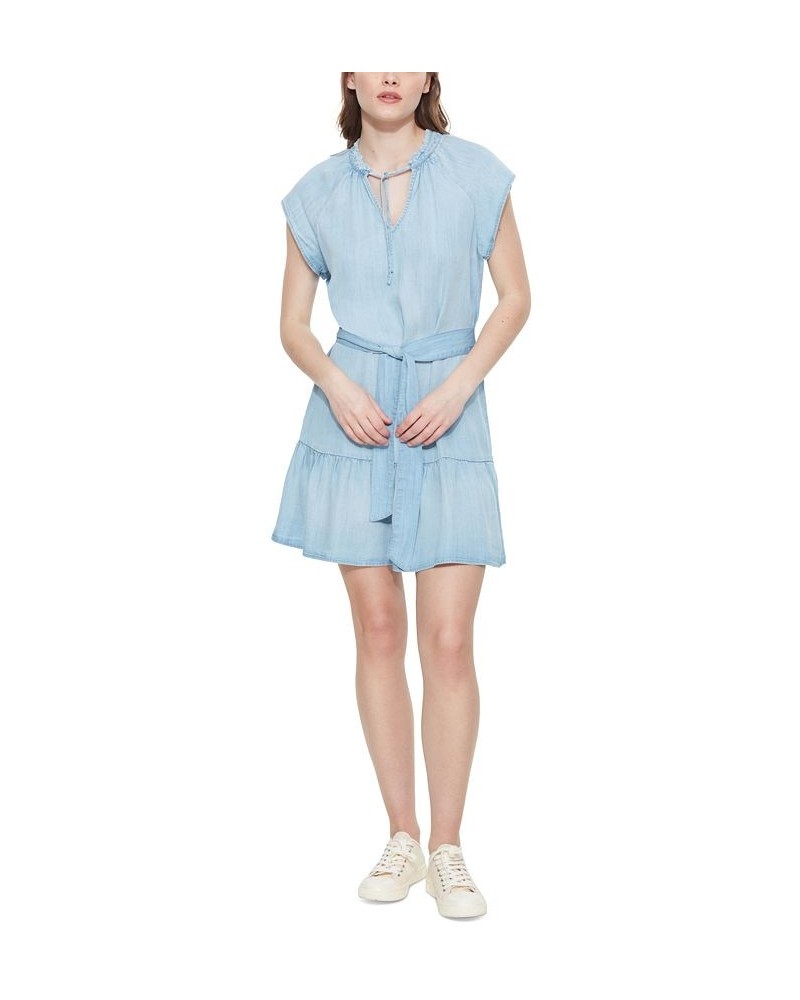 Women's Short-Sleeve Tie-Waist Mini Dress Light Blue Wash $18.64 Dresses