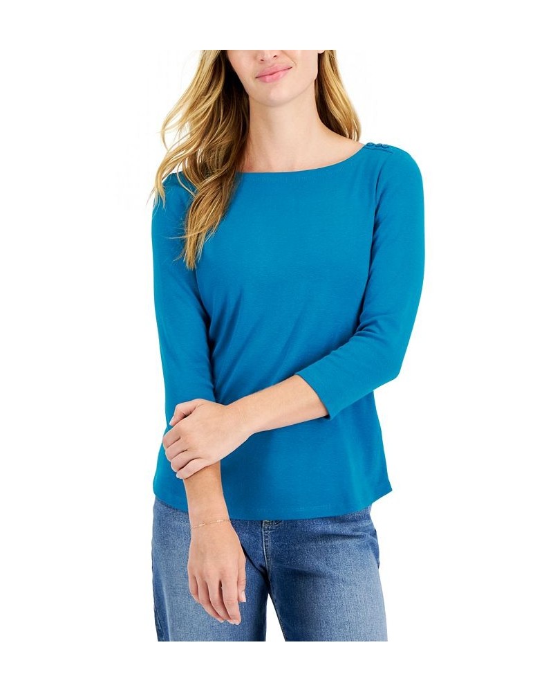 Petite Pima Cotton Button-Shoulder Top Electric Teal $11.02 Tops