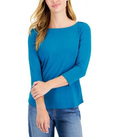 Petite Pima Cotton Button-Shoulder Top Electric Teal $11.02 Tops