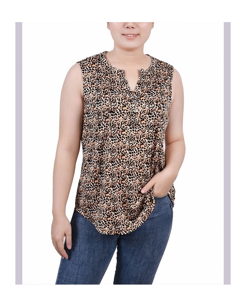 Petite Sleeveless Knit Y-neck Top Gold-Tone Black Animal $12.90 Tops