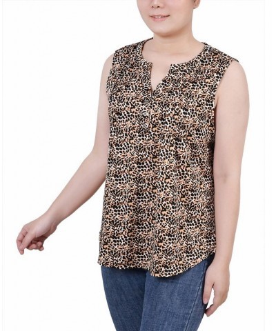 Petite Sleeveless Knit Y-neck Top Gold-Tone Black Animal $12.90 Tops