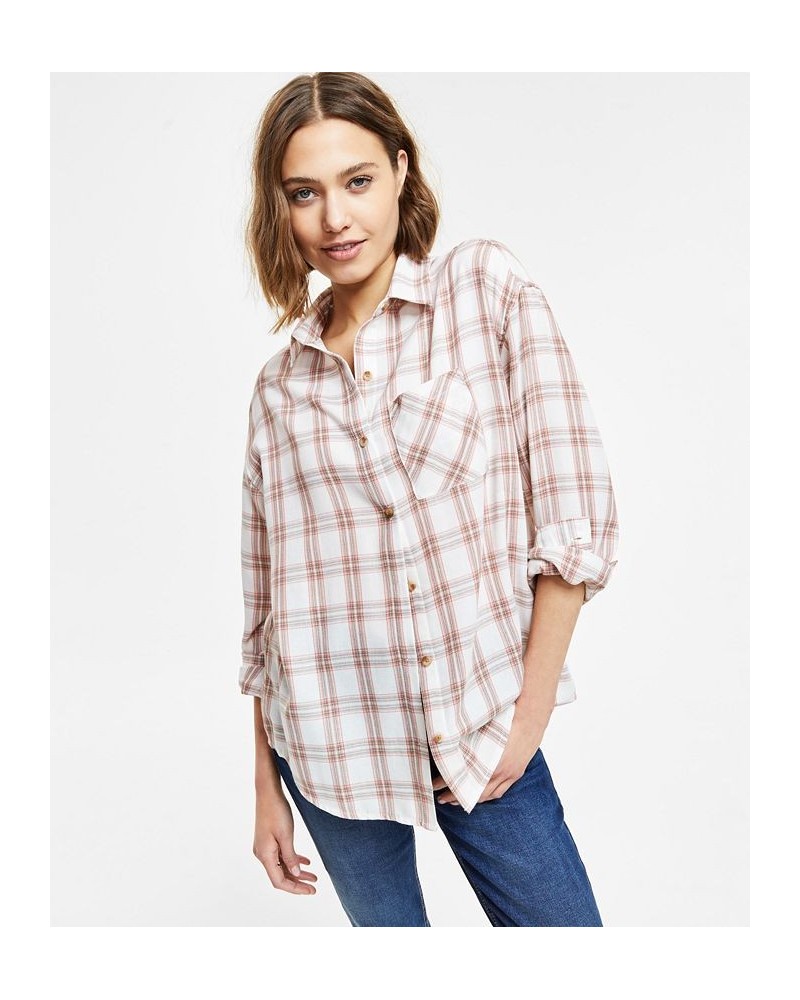 Juniors' Plaid-Print Button-Front Long-Sleeve Shirt Pink $15.59 Tops