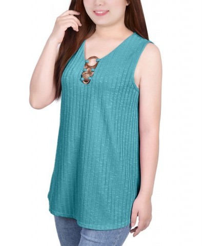 Petite Size Sleeveless Ribbed Top with Triple Rings Blue $13.80 Tops