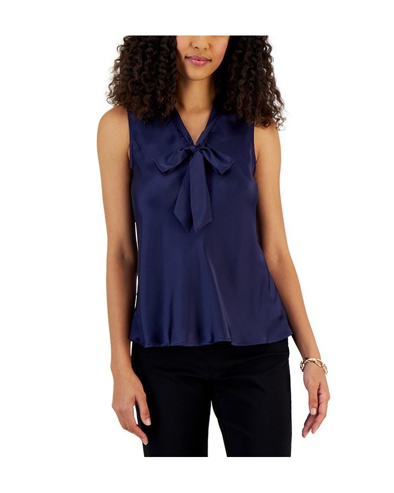 Women's Sleeveless Tie-Neck Top Regular and Petite Sizes Blue $18.16 Tops