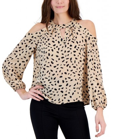 Women's Printed Cold-Shoulder Top Tan/Beige $29.33 Tops