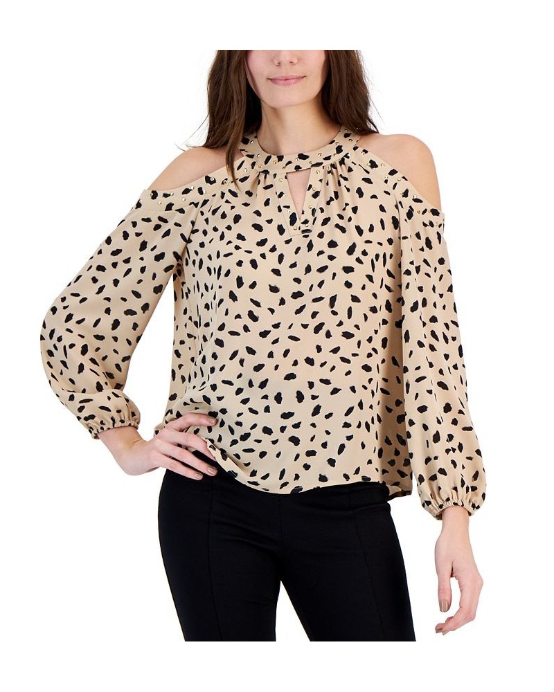 Women's Printed Cold-Shoulder Top Tan/Beige $29.33 Tops