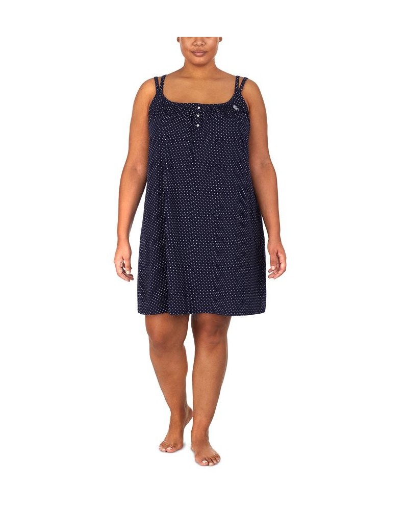 Plus Size Cotton Knit Double-Strap Nightgown Navy dot $35.20 Sleepwear