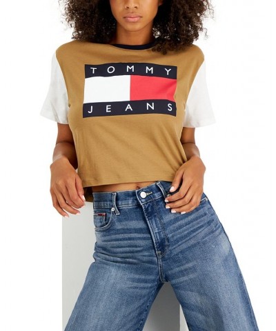 Women's Colorblocked Flag Logo T-Shirt Brown $16.48 Tops