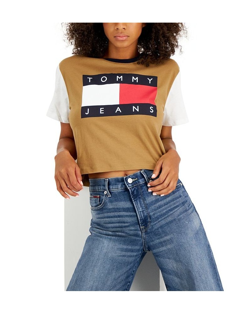 Women's Colorblocked Flag Logo T-Shirt Brown $16.48 Tops