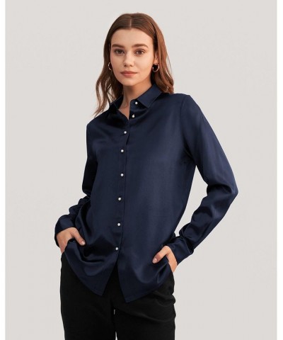 Women's Classic Pearl Button Silk Shirt Navy Blue $58.38 Tops