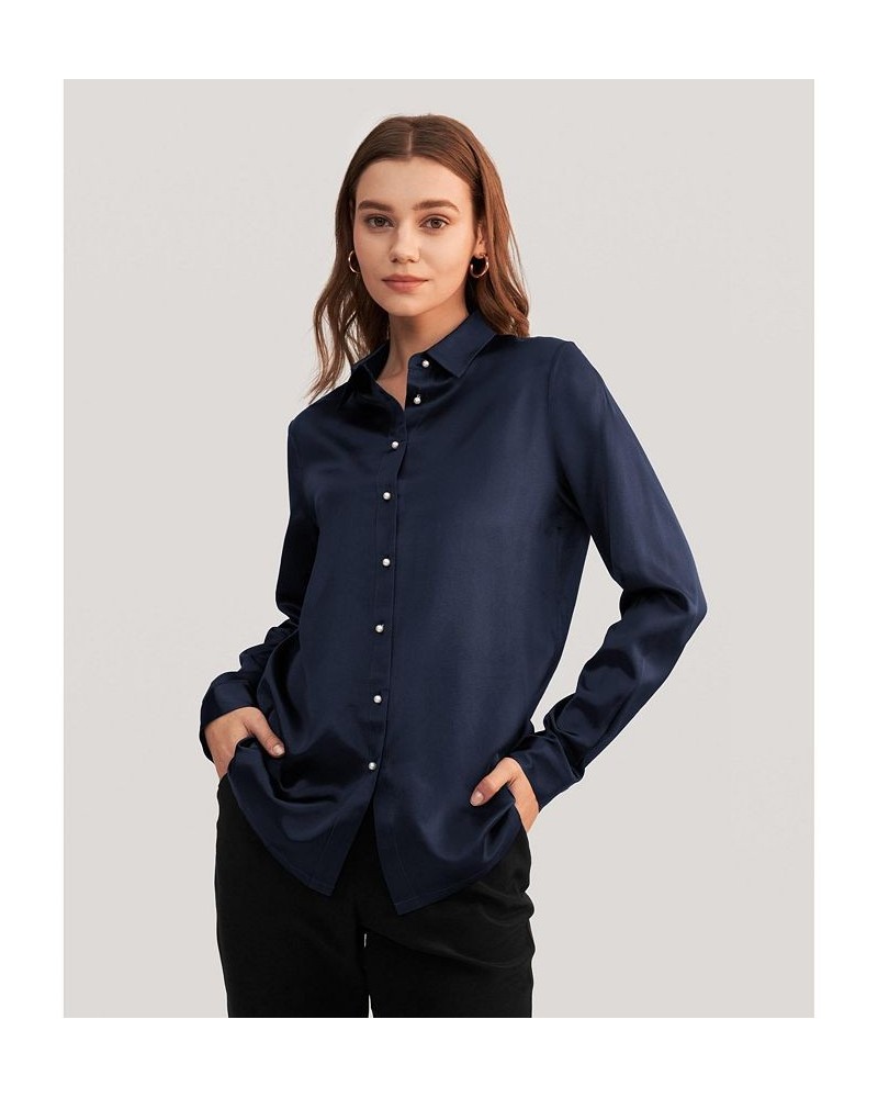 Women's Classic Pearl Button Silk Shirt Navy Blue $58.38 Tops