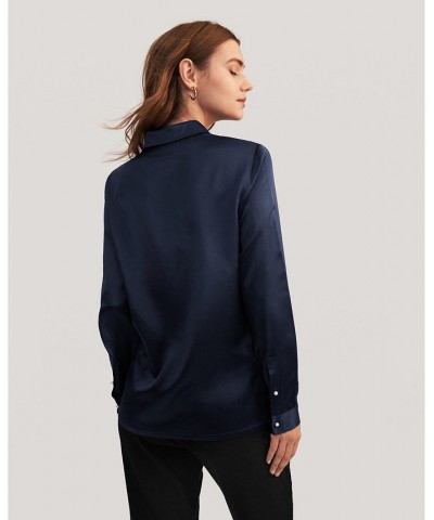 Women's Classic Pearl Button Silk Shirt Navy Blue $58.38 Tops