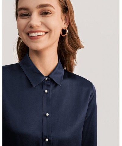 Women's Classic Pearl Button Silk Shirt Navy Blue $58.38 Tops