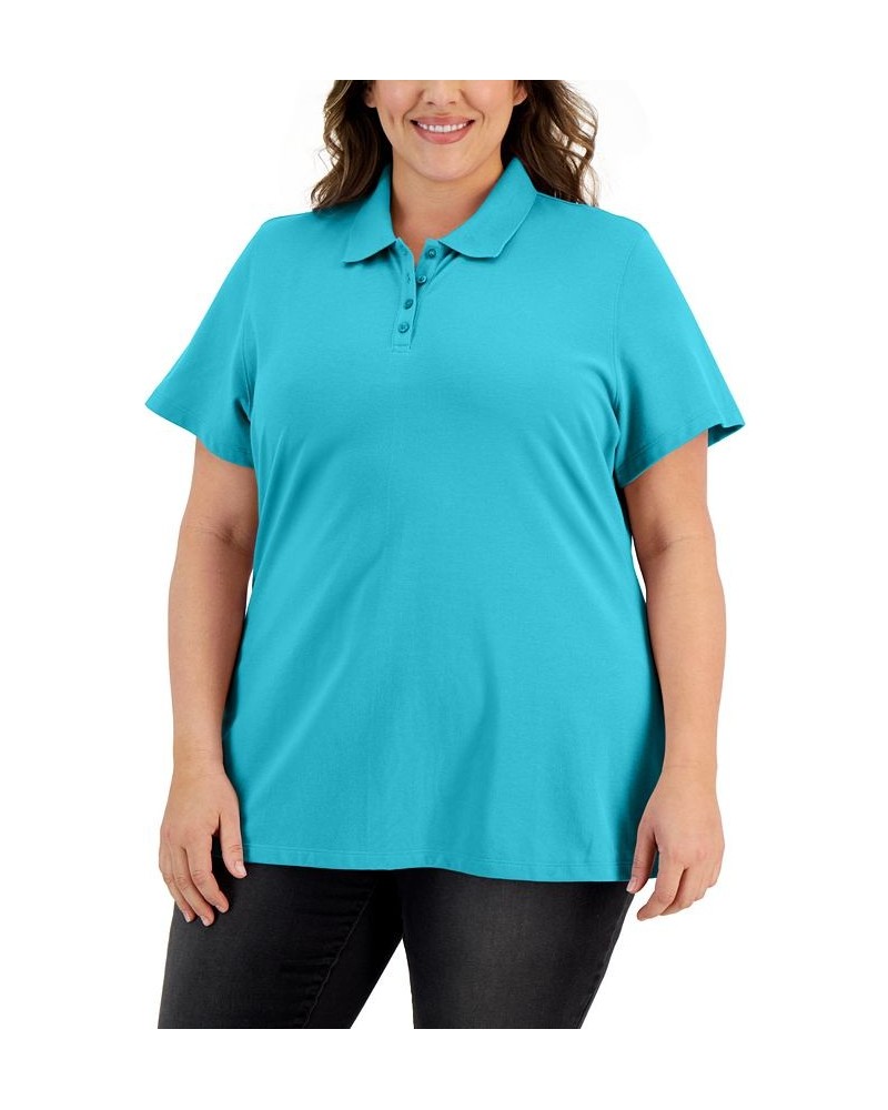 Plus Size Cotton Short-Sleeve Polo Shirt Aqua Oasis $8.31 Tops