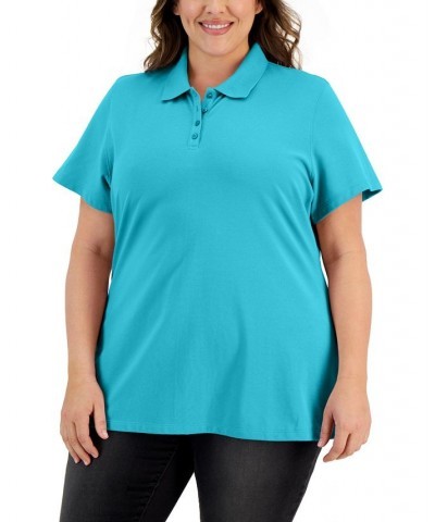 Plus Size Cotton Short-Sleeve Polo Shirt Aqua Oasis $8.31 Tops