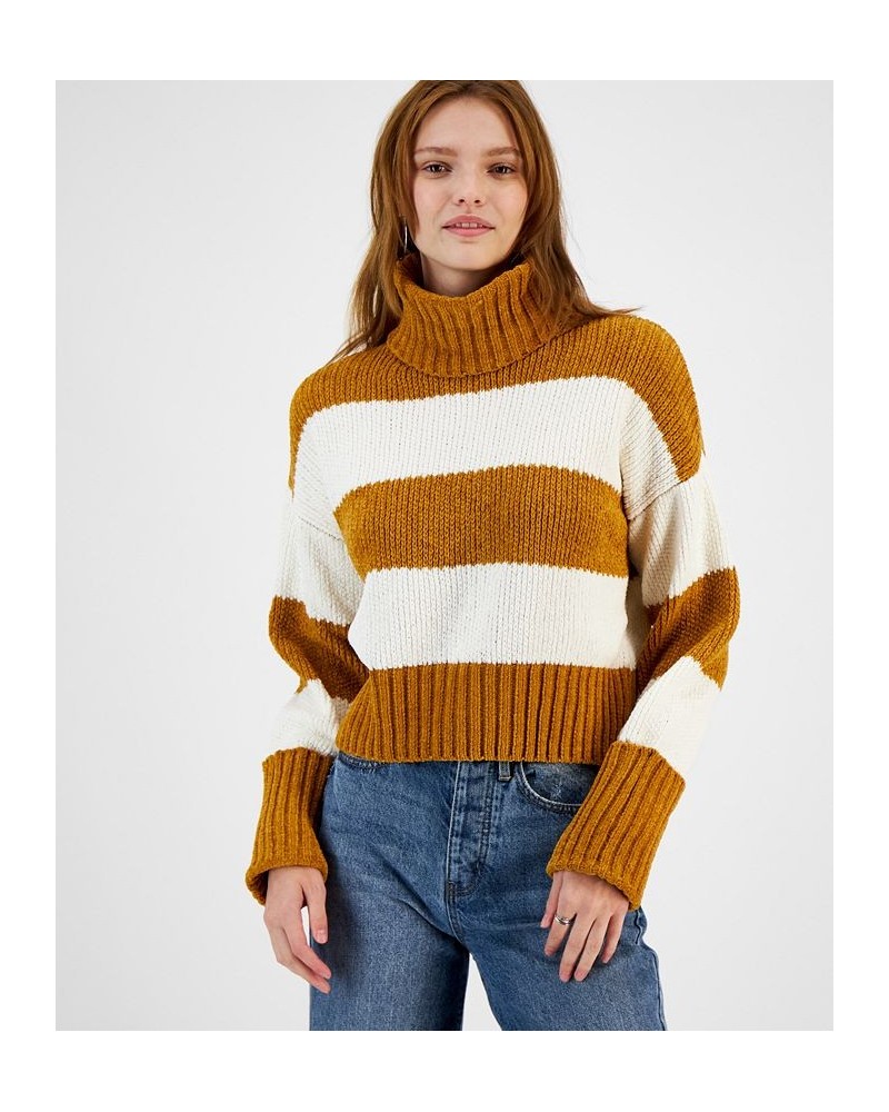 Juniors' Chenille Striped Turtleneck Sweater Gold $16.19 Sweaters