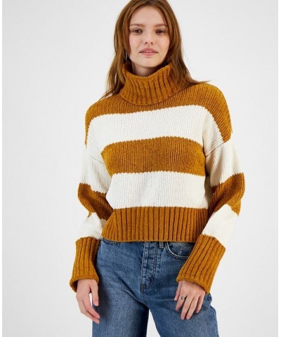 Juniors' Chenille Striped Turtleneck Sweater Gold $16.19 Sweaters