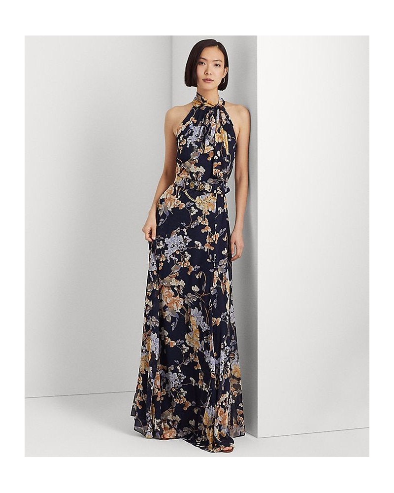 Women's A-Line Floral Halter Gown Navy Multi $91.50 Dresses