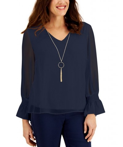 Petite Smocked-Sleeve Necklace Top Intrepid Blue $16.73 Tops