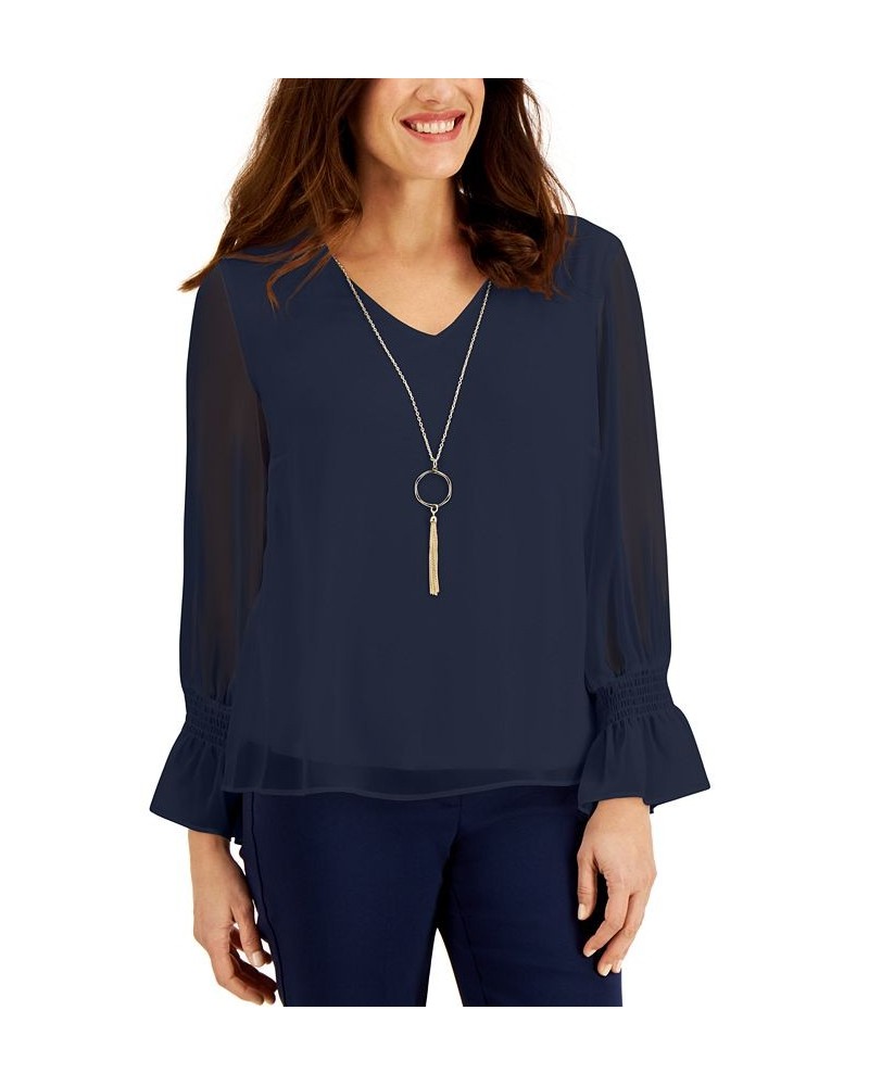 Petite Smocked-Sleeve Necklace Top Intrepid Blue $16.73 Tops