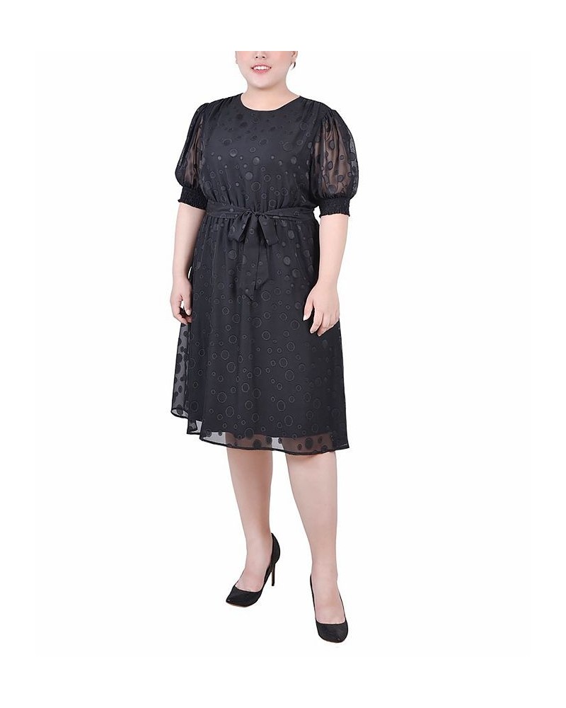 Plus Size Elbow Sleeve Swiss Dot Dress Black $14.94 Dresses