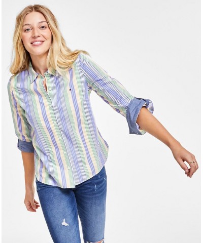 Women's Striped Roll-Tab Button-Up Shirt Spinner Stripe- Marina Blue Multi $22.05 Tops