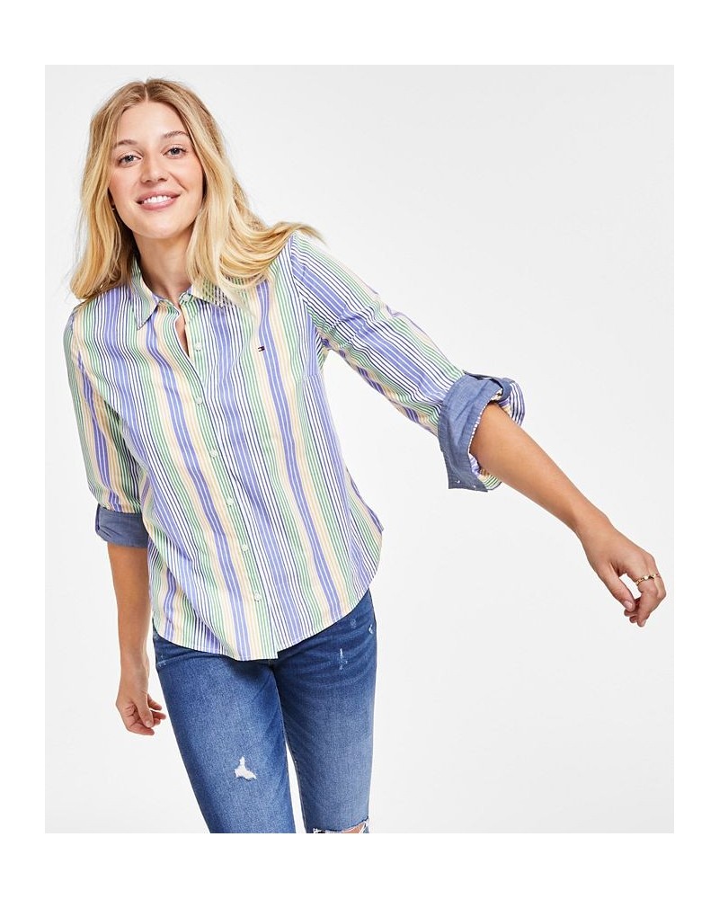 Women's Striped Roll-Tab Button-Up Shirt Spinner Stripe- Marina Blue Multi $22.05 Tops