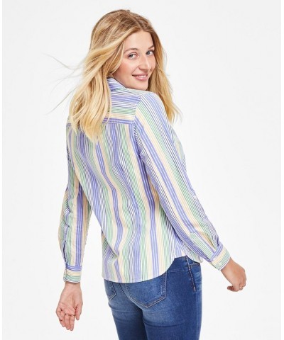 Women's Striped Roll-Tab Button-Up Shirt Spinner Stripe- Marina Blue Multi $22.05 Tops