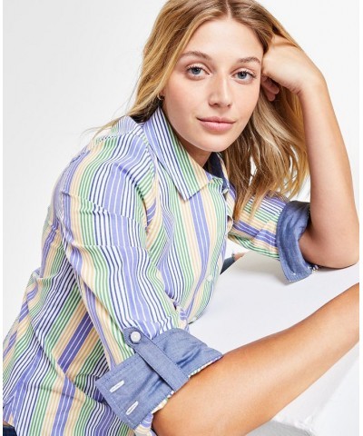 Women's Striped Roll-Tab Button-Up Shirt Spinner Stripe- Marina Blue Multi $22.05 Tops