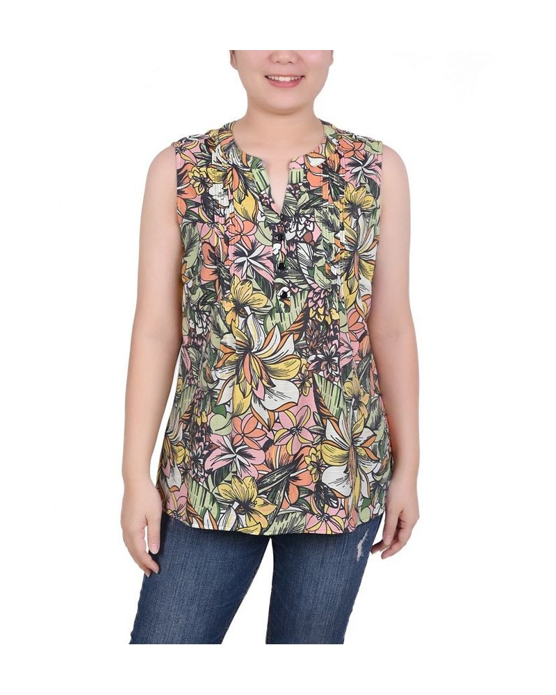 Petite Sleeveless Printed Pintucked Blouse Green Capetropic $12.71 Tops