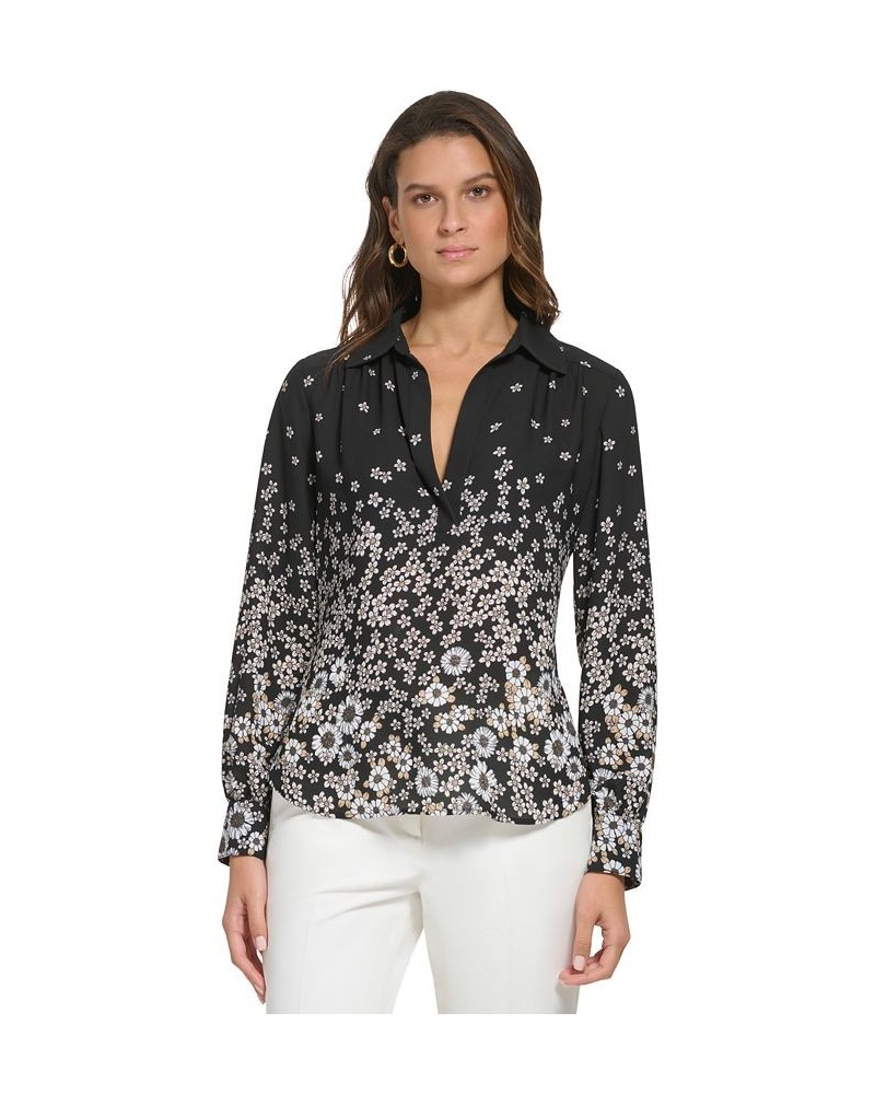 Women's Collared Floral Ombre Top Black Multi $21.60 Tops