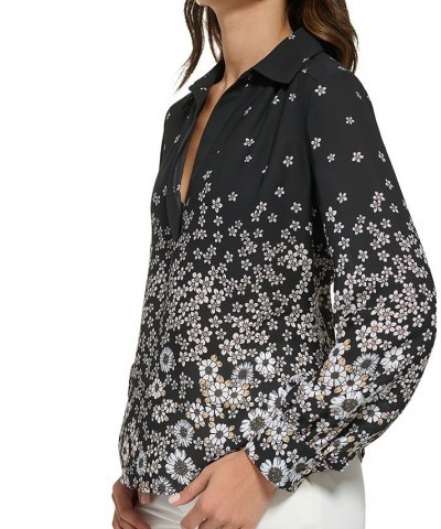 Women's Collared Floral Ombre Top Black Multi $21.60 Tops