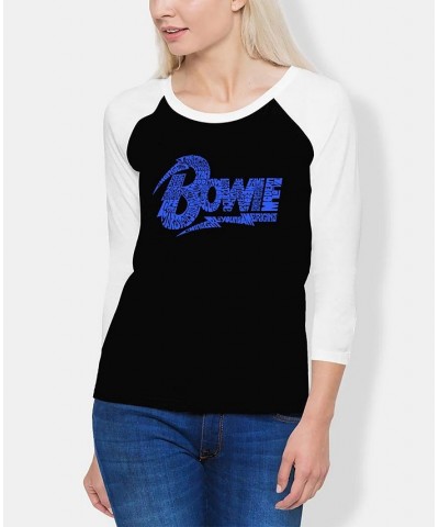 Women's David Bowie Logo Raglan Baseball Word Art T-shirt Black-Blue $19.36 Tops