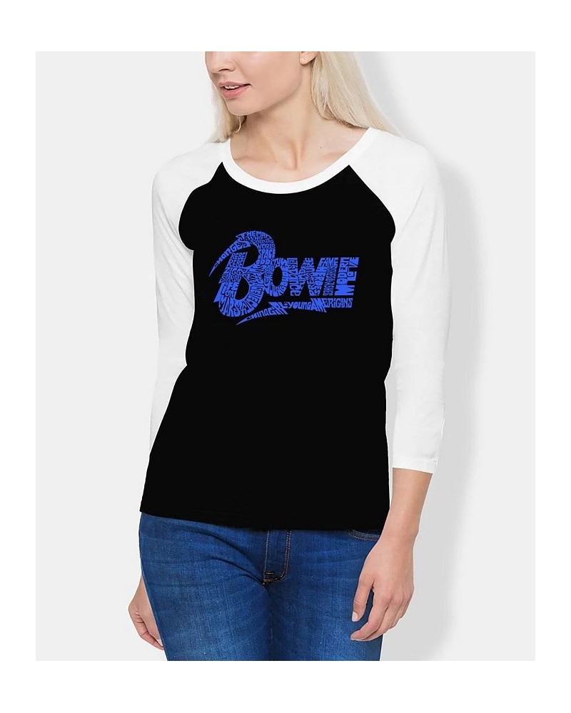 Women's David Bowie Logo Raglan Baseball Word Art T-shirt Black-Blue $19.36 Tops